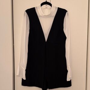 BCBG Black & White Sleeveless Romper with Sheer Sleeves